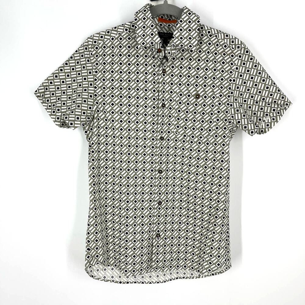 Ted Baker Filmin Mid Scale Geo‎ Print Button Down Collared Shirt Khaki XS NEW